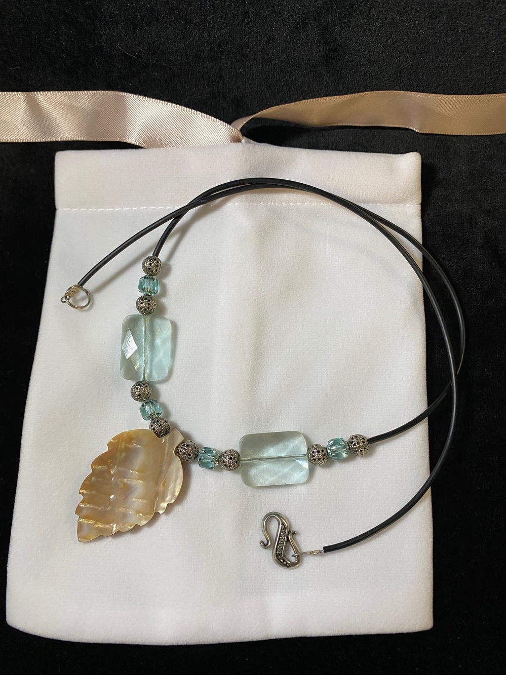 Vintage Shell Aqua Blue Silver Bead Crystal Leaf Necklace